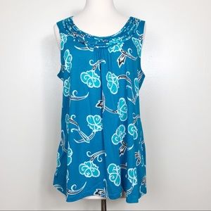 Loft Factory Teal Stylized Floral Tuckstitch Neck